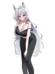  1girl absurdres alternate_costume animal_ear_fluff animal_ears bare_arms black_camisole black_pants blue_archive blush breasts camisole closed_mouth collarbone commentary_request embarrassed feet_out_of_frame grey_eyes grey_hair hair_intakes hand_on_own_knee highres korean_commentary large_breasts leaning_forward long_hair magya416 mismatched_pupils mixed-language_commentary no_halo pants shiroko_(blue_archive) shiroko_terror_(blue_archive) simple_background sleeveless solo strap_slip very_long_hair white_background wolf_ears wolf_girl 
