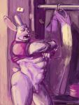  abs alexyorim anthro barazoku closet easter easter_bunny flaccid genitals hi_res holidays lagomorph leporid looking_at_viewer magenta_shirt male mammal mauve_background muscular penis rabbit restricted_palette solo undressing_self 