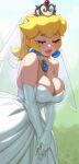  1girl absurdres alternate_breast_size alternate_eyebrows blonde_hair blush breasts closed_eyes crown dress earrings elbow_gloves gloves highres jewelry large_breasts long_hair mario_(series) multiple_girls official_alternate_costume official_alternate_hairstyle ponytail princess_peach riz smile solo super_mario_odyssey thick_eyebrows wedding_dress white_gloves 