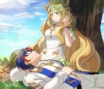  1boy 1girl absurdres against_tree alear_(fire_emblem) alear_(male)_(fire_emblem) betabetamaru blonde_hair blue_hair bow celine_(fire_emblem) crown fire_emblem fire_emblem_engage green_eyes hair_bow highres jewelry lap_pillow long_hair multicolored_hair necklace pearl_necklace red_hair ring signature sleeping smile thighhighs tree two-tone_hair very_long_hair 