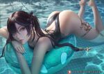  1girl ass black_hair breasts earrings english_commentary genshin_impact grey_eyes innertube jewelry lips long_hair looking_at_viewer lying medium_breasts mona_(genshin_impact) olesyaspitz on_stomach one-piece_swimsuit pool solo sparkle_print star_(symbol) star_earrings swimsuit thighlet twintails water 