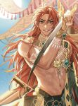  1boy arabian_clothes arm_tattoo blue_eyes braid chest_tattoo dante_(nu_carnival) earrings gem heterochromia highres holding holding_sword holding_weapon jewelry lingyiyanyuan long_hair looking_at_viewer male_focus navel nu_carnival orange_hair outdoors smile solo sword tattoo topless_male weapon 