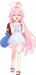  1girl :d ahoge alternate_costume backpack bag bare_arms bare_legs bare_shoulders blue_archive blue_eyes blush breasts collarbone dress fang full_body hair_between_eyes halo heterochromia highres hoshino_(blue_archive) long_hair looking_at_viewer meettheton open_mouth pink_hair randoseru sandals simple_background sleeveless sleeveless_dress smile solo standing stuffed_whale sundress sweatdrop white_background white_dress yellow_eyes 