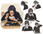  1boy boku_no_hero_academia bowl cellphone chopsticks collarbone cup eating eraser_head_(boku_no_hero_academia) eyepatch food hair_between_eyes holding holding_bowl holding_chopsticks long_sleeves looking_at_phone male_focus messy_hair multiple_views mustache_stubble phone restaurant rnuyvm smartphone sparse_stubble sushi talking_on_phone teeth 