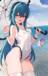  1girl absurdres bare_shoulders bianca_(black_survival) black_nails black_survival blue_hair claw_pose cloud covered_navel covered_nipples dasi_(kwts3227) day eternal_return:_black_survival frilled_one-piece_swimsuit frilled_umbrella frills hair_between_eyes hairband highres holding holding_umbrella horizon long_hair looking_at_viewer name_tag ocean one-piece_swimsuit outdoors red_eyes sidelocks solo swimsuit thighhighs tongue tongue_out umbrella white_one-piece_swimsuit white_thighhighs 