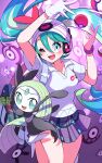  1girl ;d absurdres blush bracelet collared_shirt commentary_request eyelashes gloves green_eyes green_hair hair_between_eyes hatsune_miku highres jewelry long_hair meloetta one_eye_closed open_mouth poke_ball poke_ball_(basic) pokemon pokemon_(creature) pon_yui project_voltage purple_background shirt short_sleeves skirt smile tongue twintails unown vocaloid white_gloves white_shirt 