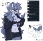  &lt;3 anthro blush bottomwear breasts canid canine canis clothed clothing colored dialogue digital_media_(artwork) duo english_text female fur hair hi_res jacket male mammal ressue text topwear wolf 