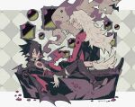  2boys bat_(animal) brown_footwear brown_hair brown_pants disgaea fenrich_(disgaea) highres issa_(sorako45) long_hair lying makai_senki_disgaea_4 multiple_boys on_back pants pointy_ears poster_(object) sitting tail valvatorez_(disgaea) 