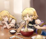  2girls black_sports_bra black_vest blonde_hair blush bow bowl braid breasts brown_shirt chopsticks closed_eyes closed_mouth commentary_request cookie_(touhou) cup dumpling eating food green_eyes hair_bow holding holding_chopsticks holding_spoon jiaozi jigoku_no_soko_de_coffee_wo_nomu_neko joker_(cookie) kirisame_marisa long_hair meat medium_breasts mizuhashi_parsee multiple_girls noodles off_shoulder parted_bangs pointy_ears puffy_short_sleeves puffy_sleeves ramen red_bow rice shirt short_hair short_sleeves side_braid single_braid smile soy_sauce spoon sports_bra steam suzu_(cookie) sweat table tonkatsu touhou turtleneck upper_body vest white_shirt 