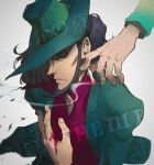  1boy arsene_lupin_iii black_hair blood blood_on_hands cigarette collared_shirt copyright_name facial_hair fedora fingernails goatee green_headwear green_jacket hand_hair hat holding holding_cigarette jacket jigen_daisuke jigen_daisuke_no_bohyou lupin_iii male_focus migi_(mm86262394) parted_lips red_shirt shaded_face shirt smoking solo_focus white_background 