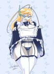  ahoge big_breasts blonde_hair blue_eyes breasts cave_story cleavage clothed clothing clothing_lift curly_brace female grin hair hi_res huge_breasts huge_thighs humanoid long_hair looking_at_viewer machine maid_uniform narrowed_eyes panties robot robot_humanoid signature smile solo standing teeth text thick_thighs underwear uniform white_body wide_hips zedrin 