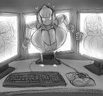  &lt;3 absurd_res beepunz big_breasts breasts cleavage clothed clothing computer_mouse computer_virus_(species) female group hi_res huge_breasts humanoid hyper hyper_breasts keyboard liquid machine monitor monochrome mousepad nipple_outline robot robot_humanoid smile trio 