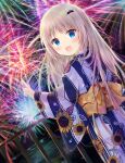  1girl :d aerial_fireworks bat_hair_ornament blue_eyes blush bow commentary_request dutch_angle eyelashes fang fence festival fireworks floral_print hair_ornament hand_up happy highres horizon index_finger_raised japanese_clothes kimono light_brown_hair little_busters! long_hair long_sleeves looking_at_viewer looking_back maruma_(maruma_gic) night night_sky nose_blush noumi_kudryavka obi ocean open_mouth outdoors plaid plaid_bow pointing pointing_up print_kimono railing reflection sash skin_fang sky smile solo standing striped striped_kimono sunflower_print vertical-striped_kimono vertical_stripes very_long_hair water wide_sleeves yellow_bow 