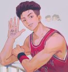  1boy 1girl ayako_(slam_dunk) basketball_jersey black_eyes black_hair ear_piercing grey_background hand_up highres looking_at_viewer miyagi_ryouta piercing sebin_13 short_hair slam_dunk_(series) sleeveless smile upper_body wristband 