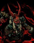  1boy artist_name beard blue_skin character_name colored_skin dark_background dota_(series) dota_2 facial_hair grimstroke_(dota_2) highres holding holding_weapon horns long_hair male_focus mask open_mouth paintbrush pointy_ears red_horns scorpionork shoulder_spikes solo spikes upper_body weapon white_eyes white_hair 