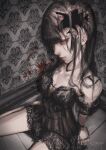  1girl absurdres arai_bokuseki black_hair black_negligee blood blood_stain breasts cleavage commentary_request cracked_skin doll doll_joints empty_eyes expressionless highres indoors joints long_hair looking_to_the_side medium_breasts negligee original sitting solo 