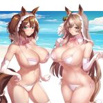  2girls animal_ears aqua_eyes arm_at_side bare_shoulders beach bikini blue_sky blush bow bowtie braid breasts brown_hair cleavage closed_mouth cloud commentary_request commission cowboy_shot day detached_collar ear_ornament ear_ribbon effort_star elbow_gloves french_braid gloves green_ribbon groin hair_between_eyes halterneck hand_on_own_hip hands_up highres horizon horse_ears horse_girl horse_tail inari_one_(umamusume) large_breasts letterboxed long_hair looking_at_viewer medium_hair multiple_girls navel outdoors outside_border parted_lips pink_bow pink_bowtie pout ribbon satono_diamond_(umamusume) see-through side-tie_bikini_bottom sky standing stomach strap_gap string_bikini swimsuit tail tail_bow tail_ornament thick_eyebrows thighhighs twintails umamusume v-shaped_eyebrows veil very_long_hair white_bikini white_bow white_gloves white_thighhighs yellow_eyes 