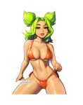  1girl alternate_costume artist_name bare_shoulders bikini blonde_hair blushyspicy breasts cleavage collarbone commentary gradient_hair green_hair large_breasts league_of_legends looking_at_viewer micro_bikini multicolored_hair navel outline parted_lips red_bikini shiny_skin smile solo stomach swimsuit teeth twintails wet white_outline yordle zeri_(league_of_legends) 