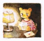  1other ambiguous_gender animal_ears animal_nose arm_rest bear_ears blush_stickers body_fur border borrowed_character brown_eyes commission dark desk desk_lamp english_commentary envelope furry furry_other holding holding_letter holding_paper indoors lamp letter light long_sleeves love_letter on_chair on_desk original painting_(medium) paper reading red_shirt rounded_corners shirt snout solo striped striped_shirt toshoneko traditional_media upper_body white_border yellow_fur 