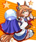  +_+ 1girl :d animal_ears ball blue_skirt clover_hair_ornament commentary crystal_ball daruma_doll ear_covers emapippi flipped_hair hair_between_eyes hair_ornament highres holding holding_ball horse_ears horse_girl looking_at_viewer maneki-neko matikanefukukitaru_(umamusume) neckerchief orange_hair pleated_skirt red_neckerchief ribbon-trimmed_thighhighs sailor_collar sailor_shirt school_uniform serafuku shirt short_hair short_sleeves single_ear_cover skirt smile solo thighhighs umamusume white_shirt white_thighhighs yellow_eyes 