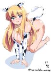  1girl animal_ears animal_print ass bell bikini blue_eyes breasts cleavage cow_ears cow_girl cow_print cow_tail cowbell dated elbow_gloves elf feet gloves kneeling legs long_hair looking_at_viewer nafta neck_bell pointy_ears print_bikini signature simple_background solo swimsuit tail tiffania_westwood white_background zero_no_tsukaima 