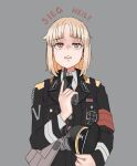  blonde_hair cross girls&#039;_frontline gun handgun hat headwear_removed highres imminent_suicide iron_cross lapels military military_uniform mp40 peaked_cap submachine_gun uniform wani_(perfect_han) weapon wehrmacht 