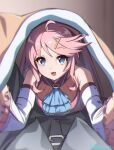  1girl absurdres ahoge blanket blue_eyes bob_cut covering_with_blanket eiyuu_densetsu hair_ornament hairclip hajimari_no_kiseki highres lifting_covers looking_at_viewer nadia_rayne naisu_(nai_su01) open_mouth pink_hair pov shared_blanket sidelocks smile swept_bangs 