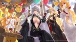  4girls alternate_costume azur_lane backless_dress backless_outfit balloon bismarck_(azur_lane) bismarck_(beacon_of_the_iron_blood)_(azur_lane) black_cape black_dress black_gloves blonde_hair blue_eyes breasts cape center_opening closed_mouth dress elbow_gloves enterprise_(azur_lane) enterprise_(heroic_finery)_(azur_lane) fang fingerless_gloves flower gloves green_hair hair_between_eyes hair_flower hair_ornament highres holding indoors large_breasts long_hair long_sleeves looking_at_viewer looking_back looking_up manjuu_(azur_lane) multiple_girls official_alternate_costume official_art open_mouth parted_lips purple_eyes queen_elizabeth_(azur_lane) queen_elizabeth_(the_queen&#039;s_ball)_(azur_lane) red_hair richelieu_(azur_lane) sidelocks sitting smile standing white_dress white_gloves yoshiku_(oden-usagi) 