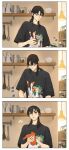  1girl animal_print black_eyes black_hair black_shirt closed_mouth cup duck_print frown highres holding holding_scissors indoors kitchen lamp medium_hair mug print_shirt scissors shirt short_sleeves spatula sq_(series) sun_jing sweatdrop tanjiu translation_request washing 