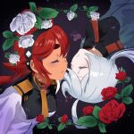  2girls asticassia_school_uniform closed_eyes flower green_jacket gundam gundam_suisei_no_majo highres jacket miorine_rembran multiple_girls red_eyes red_flower red_hair red_rose rose school_uniform shiroi_karasu suletta_mercury upside-down white_flower white_hair white_jacket white_rose yuri 