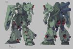  arms_at_sides clenched_hands commentary_request dated glowing glowing_eye grey_background gundam highres homare_(fool&#039;s_art) mecha mobile_suit moon_gundam multiple_views no_humans one-eyed red_eyes robot science_fiction shoulder_spikes simple_background spikes standing turnaround zaku_iv 