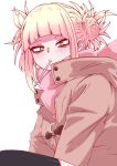  1girl arched_bangs black_thighhighs blonde_hair boku_no_hero_academia brown_coat candy closed_mouth coat double_bun food ginjaeru hair_bun highres lollipop long_sleeves looking_at_viewer messy_hair mouth_hold pink_scarf scarf short_hair simple_background solo thighhighs toga_himiko upper_body white_background yellow_eyes 