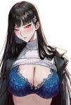  1girl black_hair black_jacket blue_archive blue_bra blush bra breasts celyn404 cleavage clothes_lift floral_print highres jacket lace-trimmed_bra lace_trim large_breasts long_hair looking_at_viewer open_clothes open_jacket parted_lips print_bra red_eyes rio_(blue_archive) simple_background solo sweater sweater_lift turtleneck turtleneck_sweater underwear upper_body very_long_hair white_background white_sweater 