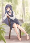  1girl absurdres barefoot blue_dress blue_hair blurry blurry_background blurry_foreground brown_eyes collared_shirt commission depth_of_field dress feet free_palet full_body hair_between_eyes highres knees_together_feet_apart kohinata_kuon leaning_to_the_side legs long_hair long_sleeves original outdoors pleated_dress second-party_source shirt short_dress sidelocks sitting solo toenails toes white_shirt 