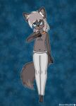  absurd_res anthro blossomblaze blue_eyes bottomwear canid canine canis chest_fur chicken_meat clothing fan_character food freckles hair hi_res humanoid long_hair long_tail looking_at_viewer male mammal meat pants raised_arm scar smile smiling_at_viewer solo tail wolf 
