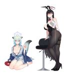  2girls absurdres animal_ears ass bare_shoulders barefoot black_footwear black_hair black_pantyhose blue_archive blue_hair blush bow bowtie breasts cleavage detached_collar fake_animal_ears grin hair_ornament hairclip halo hand_fan high_heels highres holding holding_fan japanese_clothes jdw kimono large_breasts long_hair looking_at_viewer multiple_girls pantyhose purple_eyes rabbit_ears rabbit_tail red_eyes rio_(blue_archive) shigure_(blue_archive) shigure_(hot_spring)_(blue_archive) short_hair simple_background sitting smile stool table tail thigh_strap white_background wrist_cuffs 
