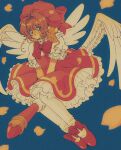  1girl blue_background bow brown_hair cardcaptor_sakura female_child gloves green_eyes highres kero kinomoto_sakura magical_girl open_mouth pikurusu red_bow simple_background white_bow white_gloves wings 