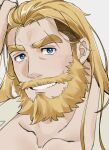  1boy absurdres alternate_hairstyle bara beard bergamond_(crave_saga) collarbone crave_saga eyebrow_cut facial_hair grin hand_on_own_head head_tilt highres huge_eyebrows long_hair looking_at_viewer male_focus mature_male muscular muscular_male open_clothes open_shirt playing_with_own_hair portrait protected_link smile solo teeth thick_beard thick_eyebrows thick_mustache undercut usuki_(usukine1go) 