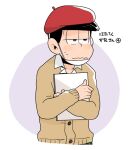  1boy beret black_hair brown_cardigan cardigan collared_shirt cropped_torso hat holding holding_notebook jitome mask matsuno_ichimatsu mouth_mask notebook nrnk osomatsu-san shirt short_hair sweatdrop wavy_mouth 