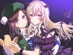  2girls absurdres bad_source bird blonde_hair brown_hair demon_girl demon_tail demon_wings expressionless gold hand_on_own_hip hat highres light_smile long_hair looking_at_viewer multiple_girls purple_eyes red_eyes saijou_claudine serious shoujo shoujo_kageki_revue_starlight shoujo_kageki_revue_starlight_-re_live- tail tendou_maya wings 