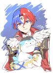  1boy alear_(fire_emblem) alear_(male)_(fire_emblem) armor blue_eyes blue_hair cape circlet closed_mouth feather_trim fire_emblem fire_emblem_engage hair_between_eyes heterochromia high_collar highres holding long_sleeves looking_at_viewer mojiyama multicolored_hair official_alternate_costume red_eyes red_hair short_hair solo sommie_(fire_emblem) two-tone_hair 