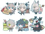  3boys 3girls :p alina_(arknights) animal_ears animal_skull antlers arknights black_coat black_dress black_hair blue_eyes checkerboard_cookie cherry chibi coat cookie deer_ears dress faust_(arknights) food frostnova_(arknights) fruit gloves green_eyes grey_eyes grey_hair holding holding_plate horns long_hair low-tied_long_hair matcha_(food) mephisto_(arknights) multiple_boys multiple_girls one_eye_closed open_mouth pancake patriot_(arknights) pink_gloves plate rabbit_ears red_eyes shaved_ice simple_background smile south_ac talulah_(arknights) tongue tongue_out very_long_hair waffle white_background 