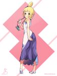  1girl blonde_hair blush bracelet character_doll closed_mouth commentary_request cosplay dress eyelashes from_behind hair_bun hand_up highres holding jewelry kinocopro lillie_(pokemon) long_hair looking_back pink_background pokemon pokemon_(game) pokemon_masters_ex pokemon_sm shoes skyla_(anniversary_2022)_(pokemon) skyla_(pokemon) skyla_(pokemon)_(cosplay) sleeveless sleeveless_dress smile solo standing tornadus tornadus_(therian) twitter_username watermark white_dress 