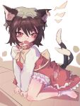  1girl animal_ear_fluff animal_ears bow bowtie cat_ears cat_tail chen dress earrings fang hatut highres jewelry multiple_tails nekomata open_mouth orange_eyes red_dress revision sitting solo tail touhou tsurime two_tails white_background yellow_bow 