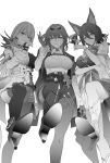  3girls absurdres animal_ears arm_under_breasts asymmetrical_clothes asymmetrical_dress black_choker blush boots bracelet breasts butterfly_ornament chest_harness choker collared_shirt earrings eyewear_on_head fennec_fox fox_ears fox_girl from_below gloves greyscale hair_between_eyes hand_fan hand_up harness high-waist_shorts high_heels highres holding holding_fan honkai:_star_rail honkai_(series) jacket jewelry kafka_(honkai:_star_rail) knee_up large_breasts long_hair long_sleeves looking_at_viewer medium_hair mismatched_earrings monochrome multiple_girls pantyhose pantyhose_under_shorts parted_lips round_eyewear serval_landau shirt shorts sidelocks simple_background single_thigh_boot smile standing sunglasses takai_isshiki thigh_boots thighhighs tingyun_(honkai:_star_rail) white_background 