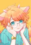  1boy animal_ears blue_eyes glasses horns looking_at_viewer male_focus mel6969 open_mouth orange_hair round_eyewear selen_(show_by_rock!!) sheep_boy sheep_ears sheep_horns short_hair short_sleeves show_by_rock!! smile solo watch wristwatch yellow_background 