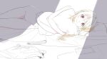  1girl bed_sheet blonde_hair cellphone commentary henken holding holding_pillow light light_smile looking_at_viewer lying medium_hair nude on_side original phone pillow red_eyes shadow shorts sienna_(henken) sketch smartphone solo 