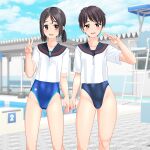  2girls absurdres black_hair black_one-piece_swimsuit black_sailor_collar blue_one-piece_swimsuit blue_sky breasts brown_eyes cameltoe cloud collarbone commentary_request competition_swimsuit covered_navel day feet_out_of_frame highres lifeguard_chair logo looking_at_viewer low_twintails multiple_girls one-piece_swimsuit original outdoors pool poolside sailor_collar sailor_shirt school_uniform serafuku shirt short_hair sky small_breasts starting_block swimsuit swimsuit_under_clothes takafumi twintails v white_shirt 