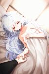  1boy 1girl ahoge bed bed_sheet breasts cleavage closed_eyes closed_mouth collarbone covering highres holding_hands hwaryeok indoors large_breasts lying messy_hair naked_sheet nude_cover on_bed on_side original pov pov_hands sheet_grab sleeping solo_focus under_covers white_hair 