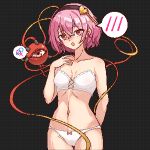  arm_behind_back black_background black_hairband blush bra commentary_request cross-laced_clothes crossed_bangs eaglov hairband heart highres komeiji_satori looking_at_viewer mars_symbol open_mouth panties pink_hair pixel_art short_hair simple_background spoken_blush spoken_mars_symbol spoken_venus_symbol third_eye touhou underwear variant_set venus_symbol white_bra white_panties 